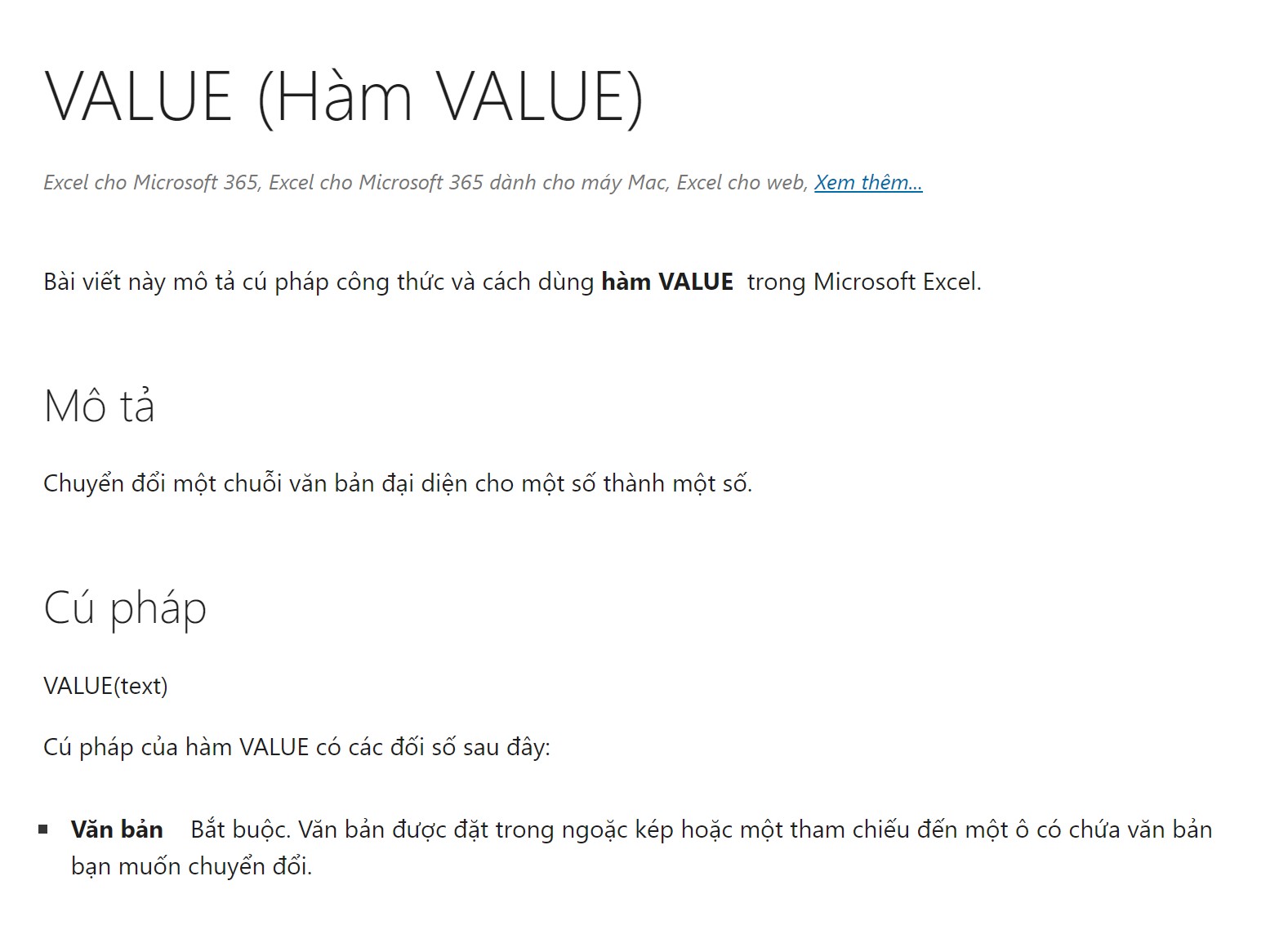 VALUE (Hàm VALUE)