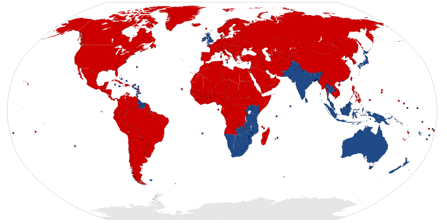 Các nước lái xe bên trái (màu xanh).​