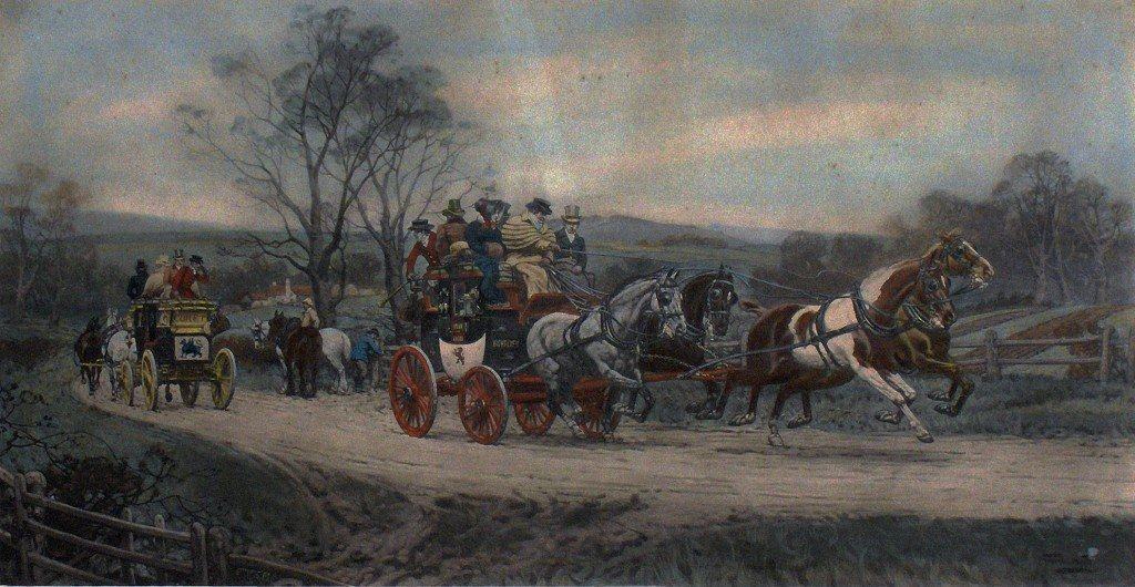 Một bức tranh cổ cho thấy những cỗ xe ngựa đi bên trái đường.​