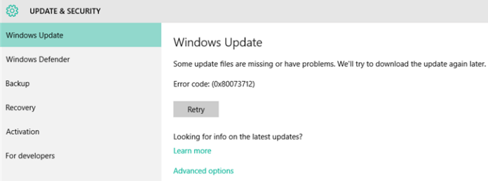 some update files are missing or have problems. we'll try to download the update again later. error code: (0x80073712)