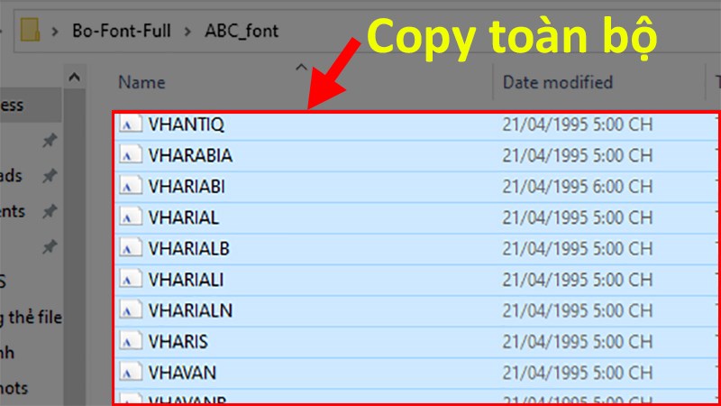 Mở từng file chứa font chữ đã được giải nén > Sao chép toàn bộ font chữ có trong file đó