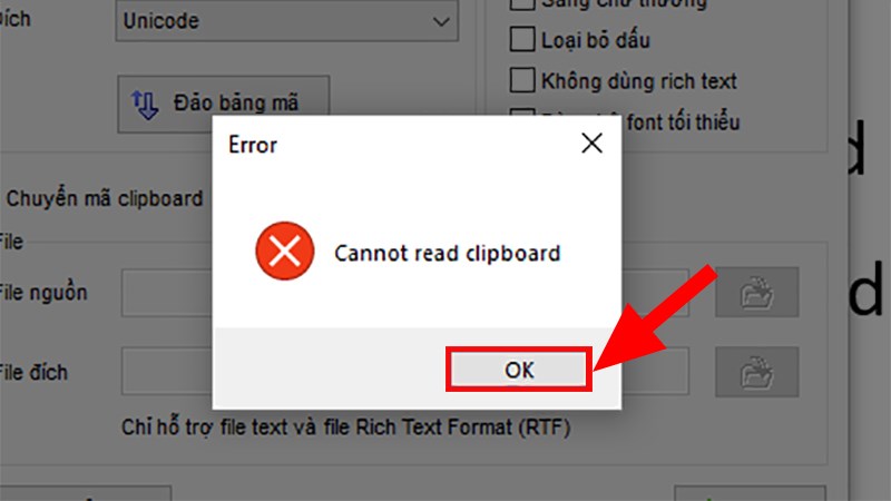 Thông báo lỗi chưa copy đoạn văn bản để chuyển đổi
