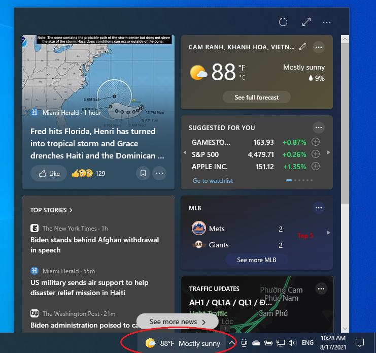 Tắt công cụ dự báo thời tiết Tin tức và Sở thích của Windows 10
