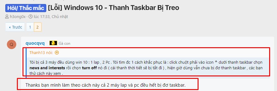 Một số cách trên diễn đàn chia sẻ về lỗi thanh taskbar sau khi cập nhật windows 10