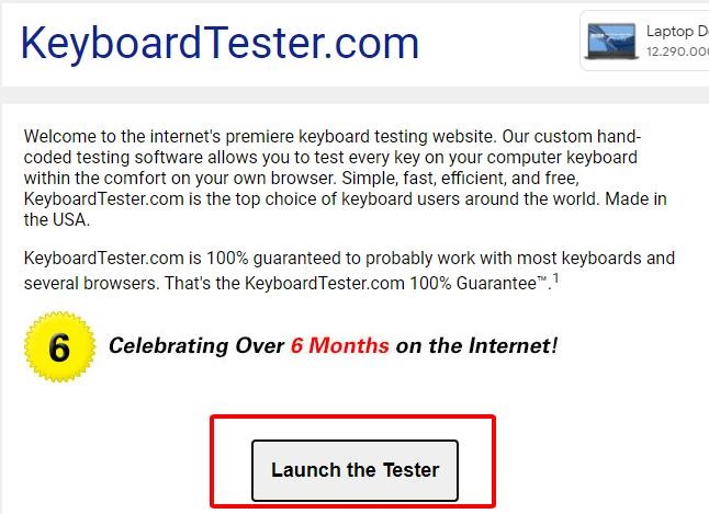 Ấn launch the tester để test bàn phím laptop