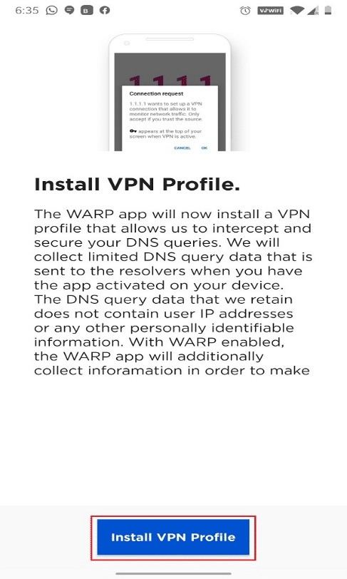 Bạn sẽ được yêu cầu Cài đặt Cấu hình VPN.  Nhấn vào nó