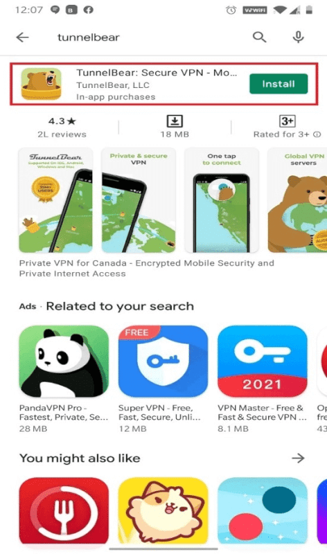 Tìm kiếm Tunnel Bear trên thanh tìm kiếm ở đầu màn hình và nhấn vào Cài đặt.  cách truy cập các trang web bị chặn trên Android