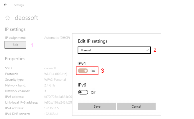 Select the Manual in the Edit IP settings drop menu