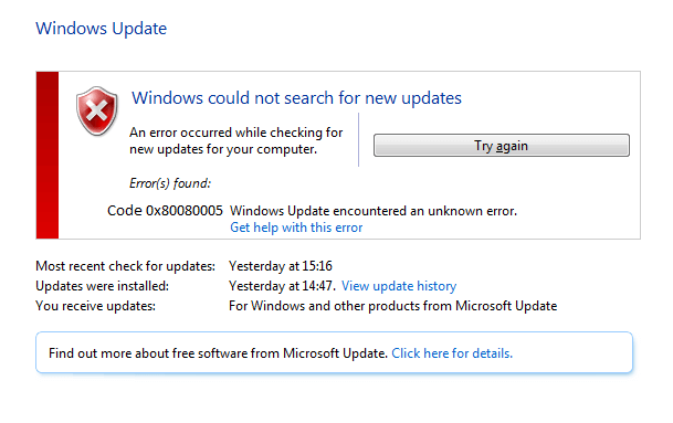 Sửa lỗi Windows Update Error Code 0x80080005