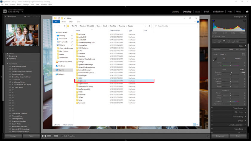 mở thư mục lightroom
