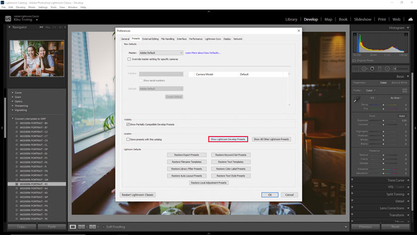 Nhấn chuột vào Show Lightroom Develop Preset