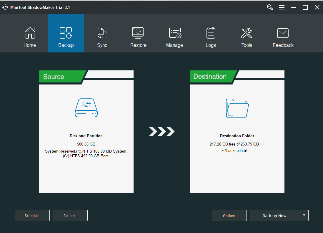 choose whether to change backup Source and Destination