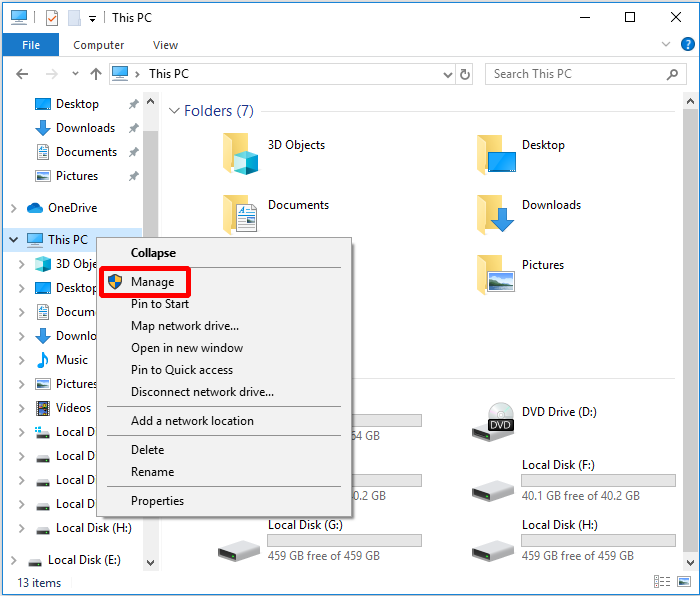 right-click This PC and choose Manage