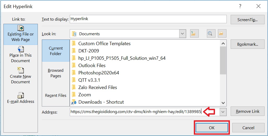 Edit Hyperlink > đặt con trỏ chuột ở cuối URL > Nhấn OK để Excel tự fix lại lỗi giúp bạn.