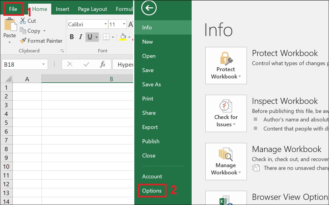 Tại giao diện chính của Excel nhấn vào File > Chọn Option.