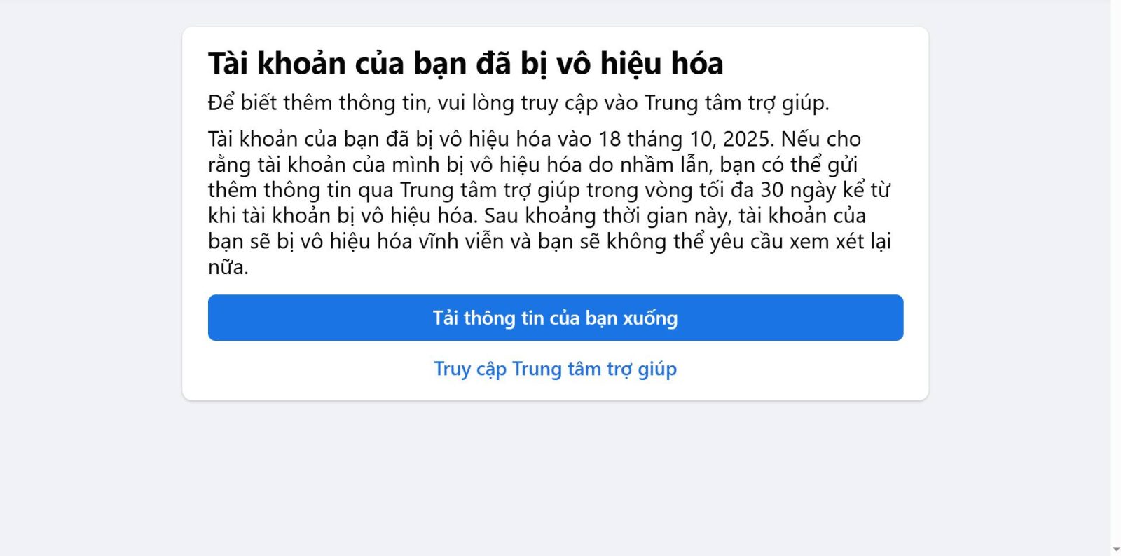 Tài khoản Facebook tự nhiên bị vô hiệu hoá không có lý do và không thể khiếu nại được.
